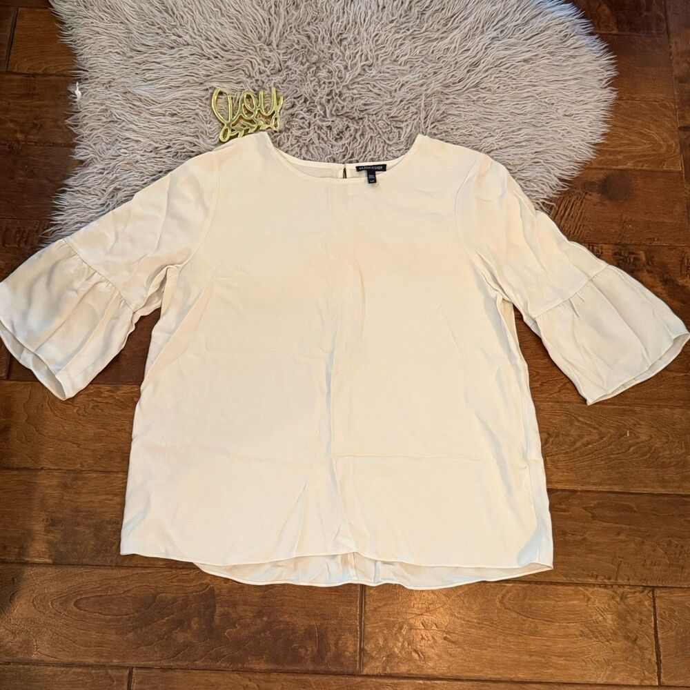 Eileen Fisher 100% Silk Blouse 3/4 Bell Sleeve Womens Size Large Cream Lux